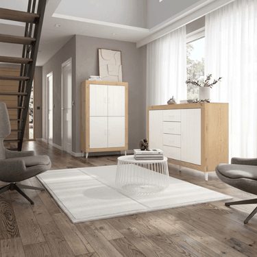 Mueble salón composición ASTI con aparador y vitrina en tonos blanco y madera