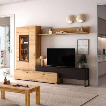 mueble salón composición catania 2 ambiente 9 con vitrina y zona tv