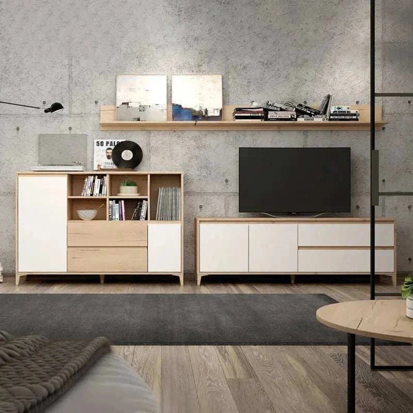 Composición de salón LECCE con mueble TV, aparador y estantes de pared en melamina de alta calidad