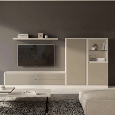 Mueble de salón composición TIVOLI Ambiente 3 en tono Olmo con diseño arquitectónico y vitrina de cristal ondulado