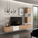 Mueble salón modular de madera en tonos roble y blanco, con mueble bajo flotante y módulo alto con nicho abierto.