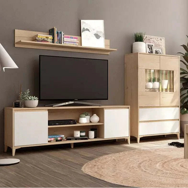 Composición de salón LECCE con mueble TV, vitrina y estante de melamina color roble y blanco
