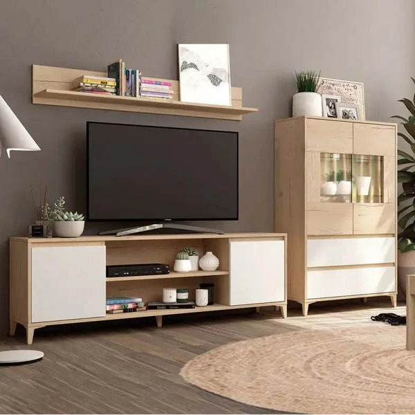 Composición de salón LECCE con mueble TV, vitrina y estante de melamina color roble y blanco