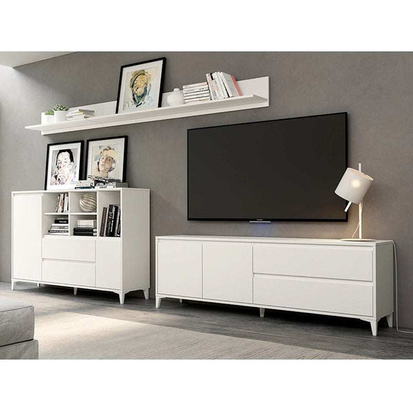 Composición de salón Lecce con mueble de televisión, aparador y estantes en tonos naturales y melamina de alta calidad