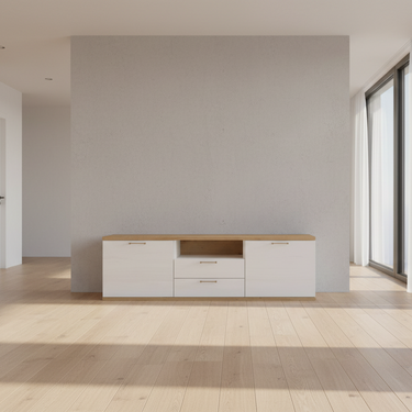 Mueble para TV comedor completo BOLONIA ambiente 12 diseño nórdico minimalista con vitrinas, estantería y mueble TV personalizable