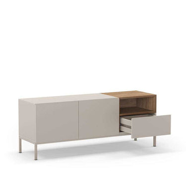 Mueble TV Cailin Perla color perla con patas negras y tres puertas