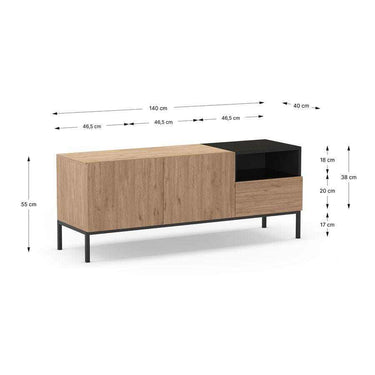 Mueble TV Cailin de roble con tres puertas y espacio abierto en salón moderno