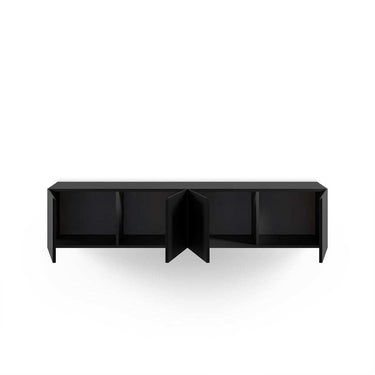 mueble tv colgado negro con cuatro puertas y diseño minimalista