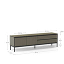 Mueble TV rectangular in taupe wood-grain melamine, with two drawers, cabinet doors and slim black metal legs.