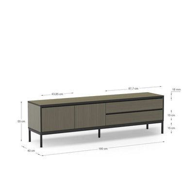 Mueble TV rectangular in taupe wood-grain melamine, with two drawers, cabinet doors and slim black metal legs.