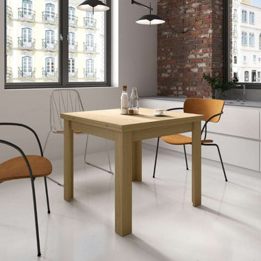 Mesa cuadrada tipo libro extensible ALESSIA con pata en L y tablero laminado natural