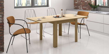 Mesa cuadrada tipo libro extensible con pata en L estilo Alessia en tablero laminado natural