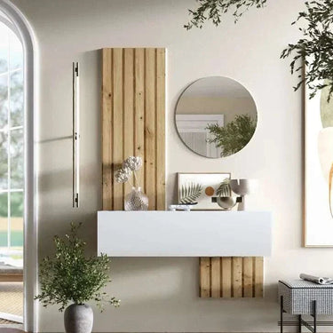 Mueble recibidor moderno FLORENCIA mod. 5 con espejo redondo y puerta batiente en tonos Artisan, Blanco y Ebony.