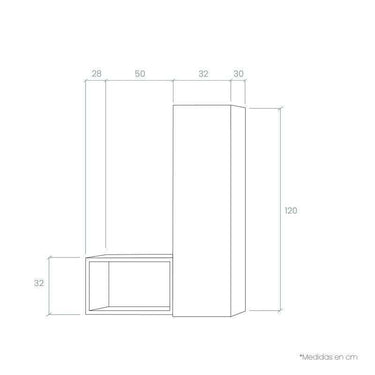 Recibidor modular de melamina, con módulo vertical alto de puerta y cubo abierto lateral, diseño rectangular en líneas sencillas.