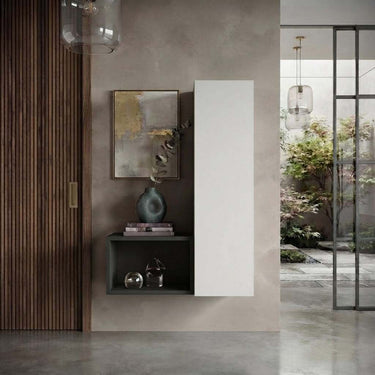 Recibidor de melamina con módulo alto de puerta blanca y cubo abierto negro, de diseño moderno y líneas rectas.