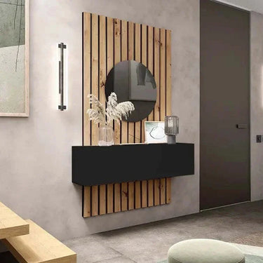 Recibidor with a black wall-mounted cabinet, natural wood slatted panels and a round mirror.