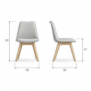 Silla de comedor gris tapizada, con respaldo curvo y patas de madera clara de estilo nórdico.