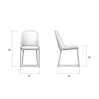 Silla de comedor tapizada en gris claro, con asiento y respaldo acolchados y patas metálicas finas.