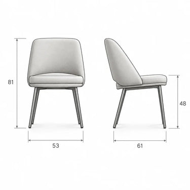 Silla tapizada en gris claro, con asiento acolchado, respaldo curvo y patas metálicas negras de diseño cónico.