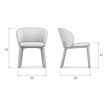 Silla de comedor gris claro con asiento y respaldo tapizados, patas metálicas finas y medidas indicadas en diagrama.
