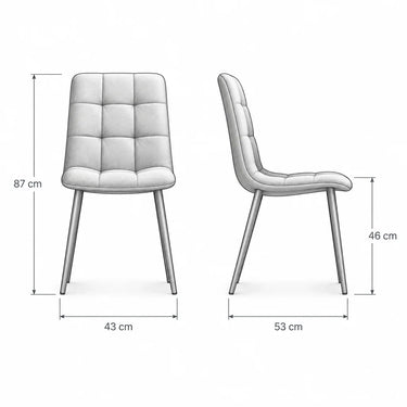 Silla de comedor gris claro tapizada en microfibra, con respaldo capitoné de cuadrantes y patas metálicas negras.
