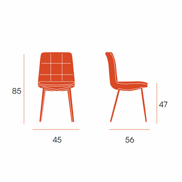 Silla de comedor tapizada estilo moderno en color nácar con patas metálicas negras y diseño cuadrillé visible, medidas indicadas.