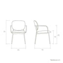 Silla de comedor tapizada con reposabrazos, estructura metálica negra y asiento acolchado, diseño ergonómico.