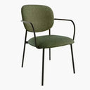 Silla de comedor tapizada verde con reposabrazos, patas metálicas negras y asiento acolchado para mayor comodidad.