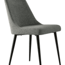 Silla de comedor gris con asiento y respaldo tapizados en tela, diseño curvo y patas metálicas negras.