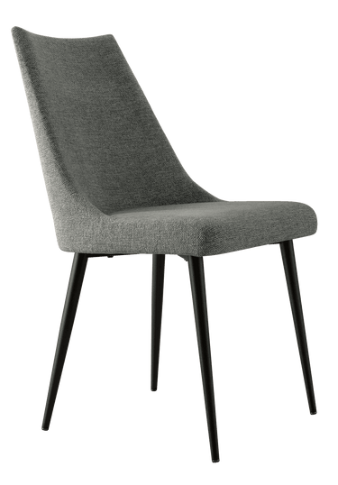 Silla de comedor gris con asiento y respaldo tapizados en tela, diseño curvo y patas metálicas negras.