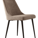 Silla de comedor con tapizado texturizado marrón y diseño envolvente, patas metálicas negras estilizadas.