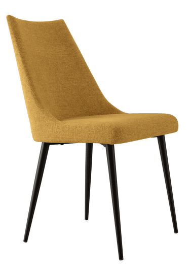 Silla de comedor mostaza tapizada en tela, con respaldo curvo y patas metálicas negras de diseño estilizado.