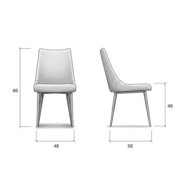 Silla de comedor tapizada en gris claro, con respaldo curvo y patas metálicas negras de diseño estilizado.