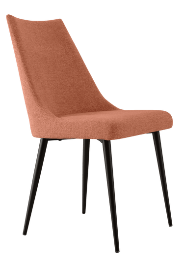 Silla de comedor DENVER con tapizado texturizado en tono salmón y patas metálicas negras estilizadas.
