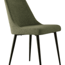 Silla de comedor verde oliva, tapizada en tela con asiento y respaldo curvos y patas metálicas negras delgadas.