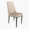 Silla de comedor beige tapizada en tela lisa, con respaldo alto y patas metálicas negras rectas.