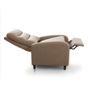 Sillón Relax marrón de tejido suave, con respaldo acolchado reclinado, reposapiés extensible y patas negras.