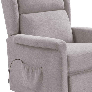 Sillón relax gris de tejido texturizado, con brazos acolchados y bolsillo lateral para guardar objetos pequeños.