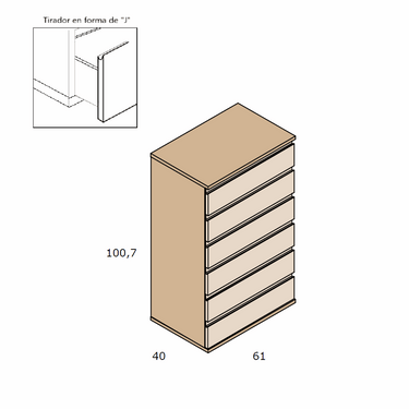 Cajonera dormitorio sinfonier 6 cajones LUCCA tirador Jota