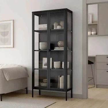 vitrina alta ainatit negra con cristales y estantes moviles