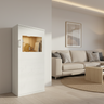 Vitrina salón BOLONIA baja de diseño moderno en colores ARTISÁN, ROBLE NATURAL y POLAR, con 1 puerta y 2 baldas interiores para almacenamiento funcional y elegante.