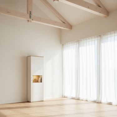 Vitrina salón BOLONIA alta de diseño moderno en acabado roble natural, 198 cm de altura.