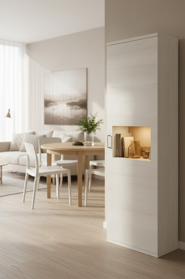 vitrina salón comedor Bolonia alta diseño moderno colores artesán roble natural polar fabricada en España madera resistente elegante funcional